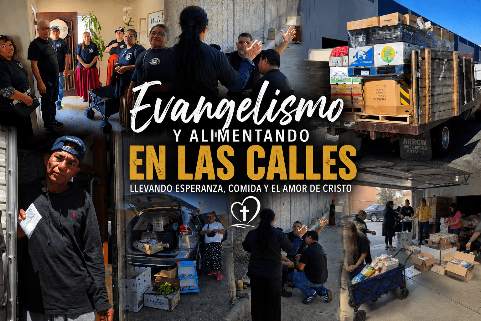 Collage de voluntarios de Restaurando Vidas realizando evangelismo, oración y entrega de alimentos en las calles.